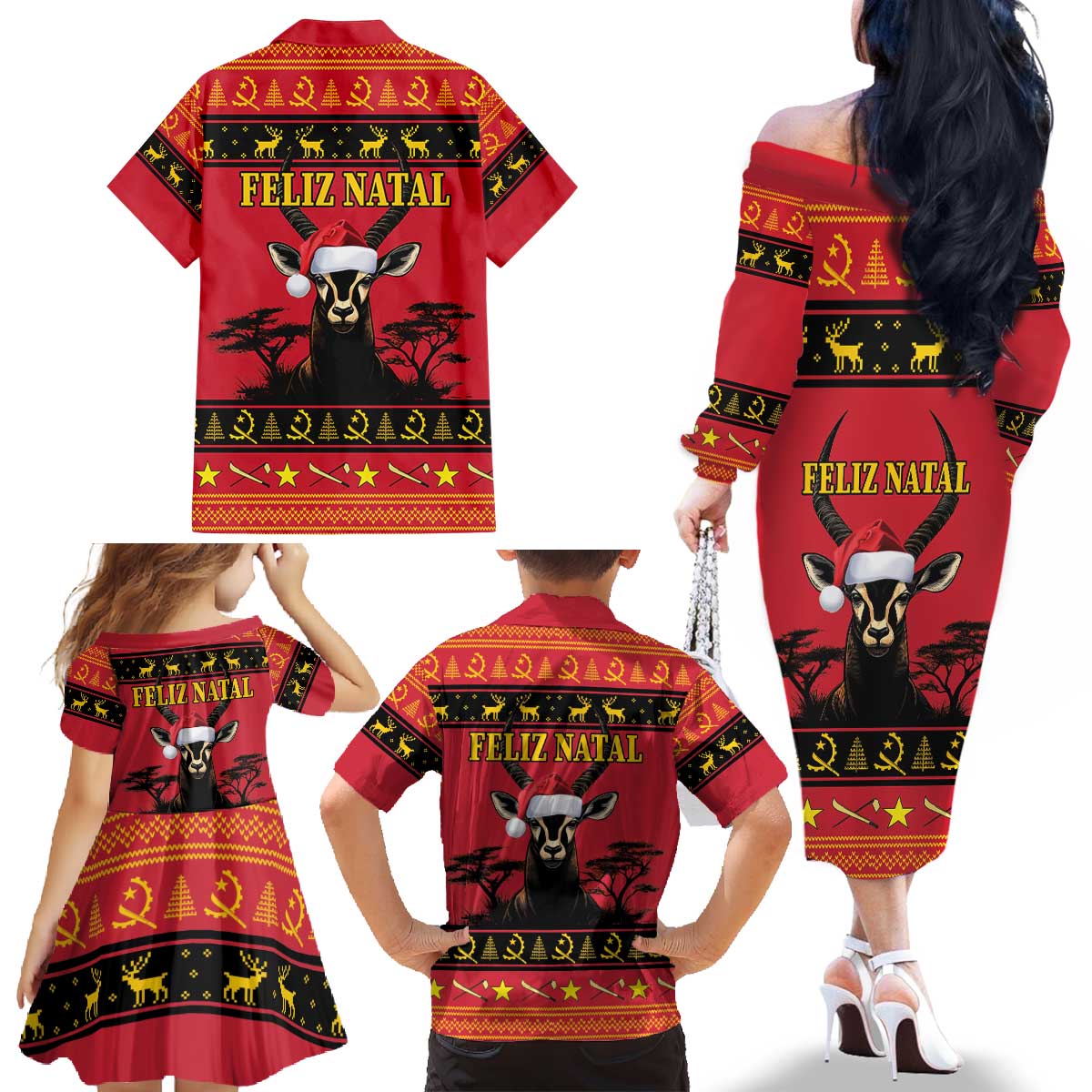 Angola Christmas Family Matching Off The Shoulder Long Sleeve Dress and Hawaiian Shirt Giant Sable Antelope Virtus Unita Fortior - Wonder Print Shop