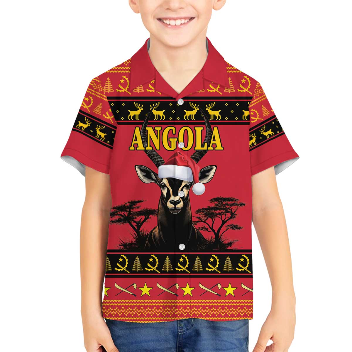 Angola Christmas Family Matching Off The Shoulder Long Sleeve Dress and Hawaiian Shirt Giant Sable Antelope Virtus Unita Fortior - Wonder Print Shop