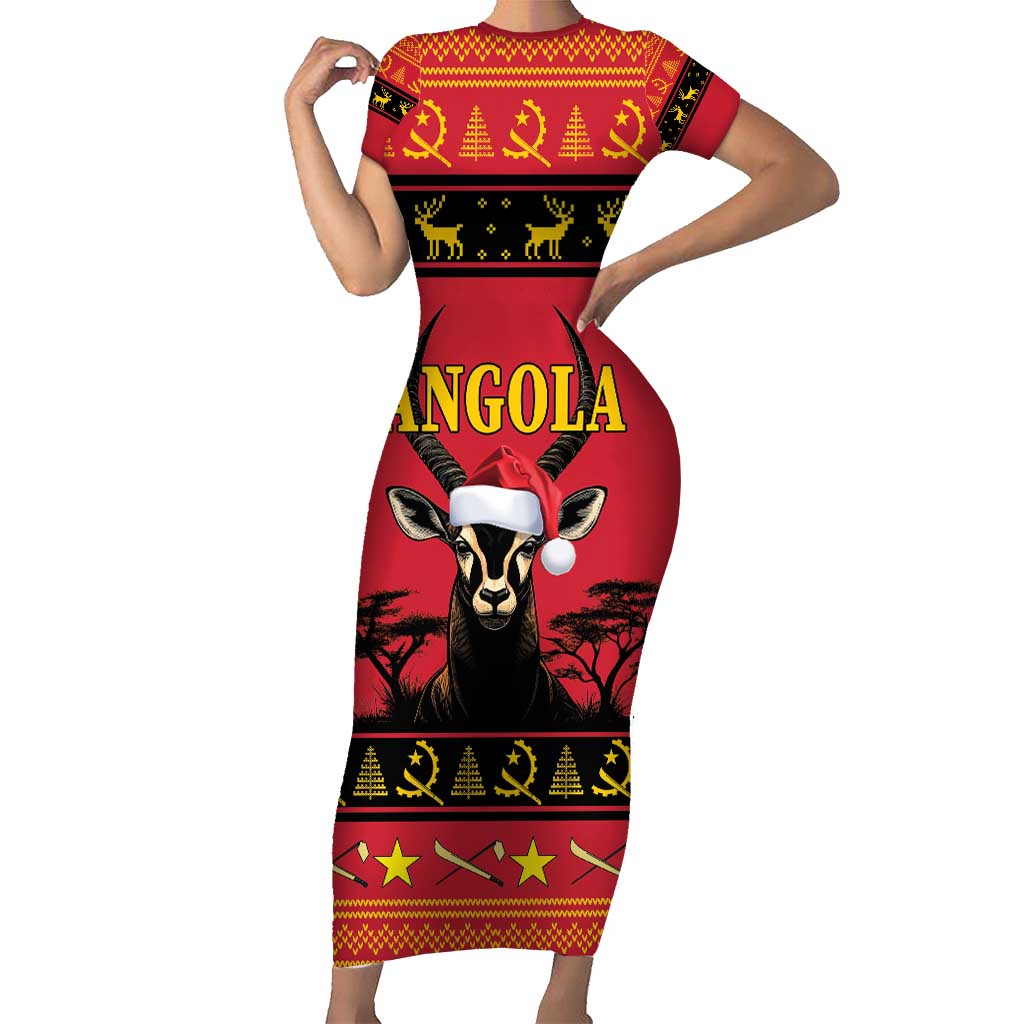 Angola Christmas Family Matching Short Sleeve Bodycon Dress and Hawaiian Shirt Giant Sable Antelope Virtus Unita Fortior - Wonder Print Shop