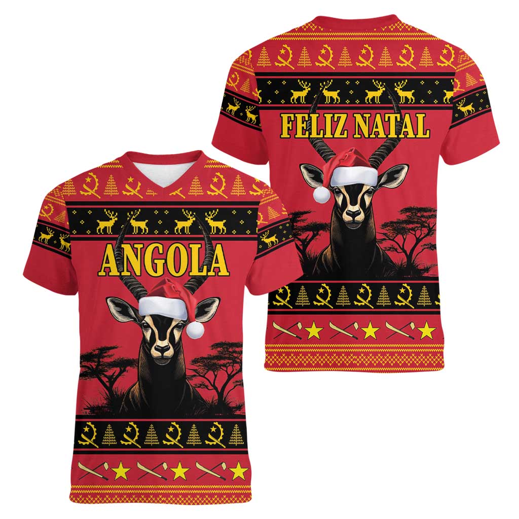 Angola Christmas Women V-Neck T-Shirt Giant Sable Antelope Virtus Unita Fortior - Wonder Print Shop