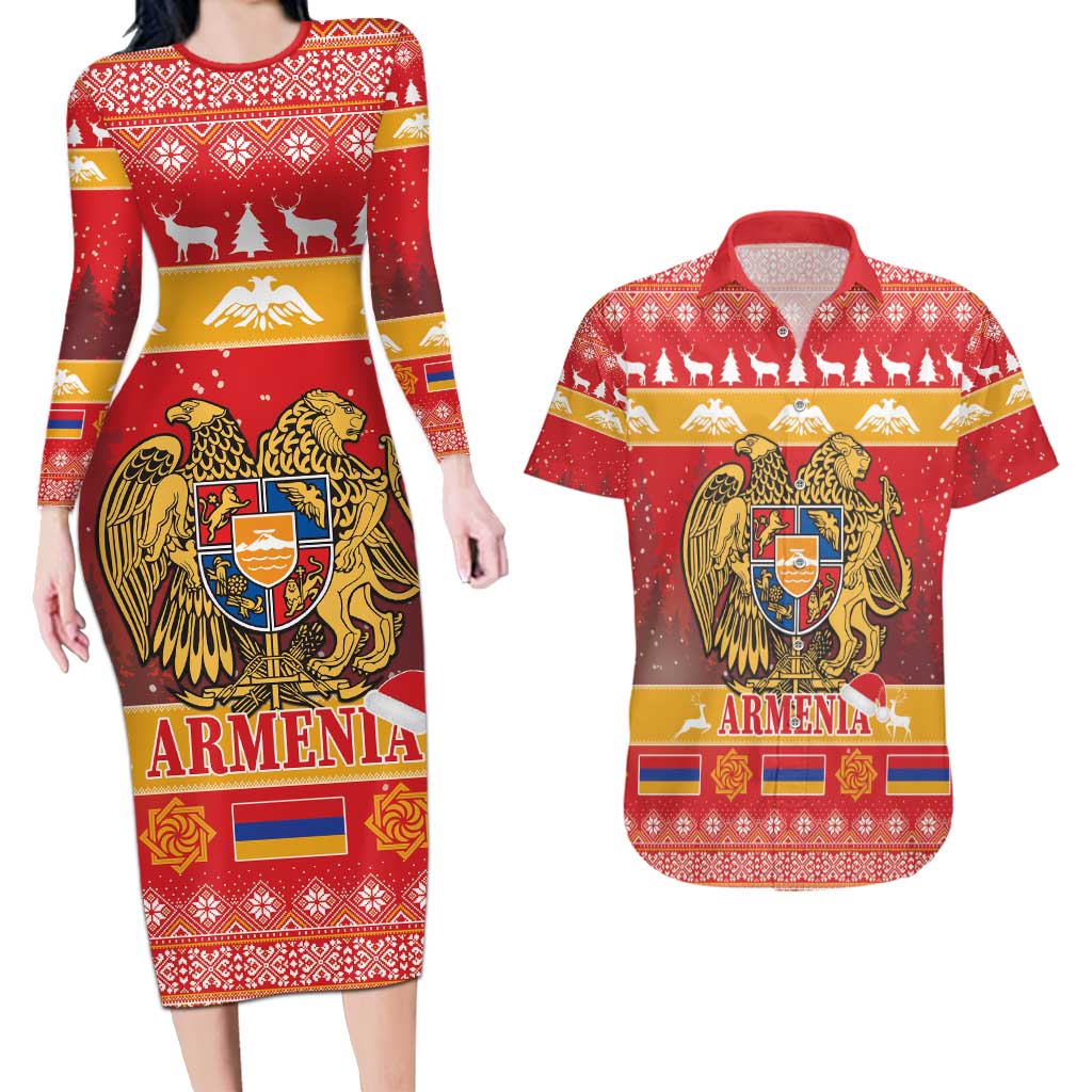 Armenia Christmas Couples Matching Long Sleeve Bodycon Dress and Hawaiian Shirt Coat Of Arms With Arevakhach - Wonder Print Shop