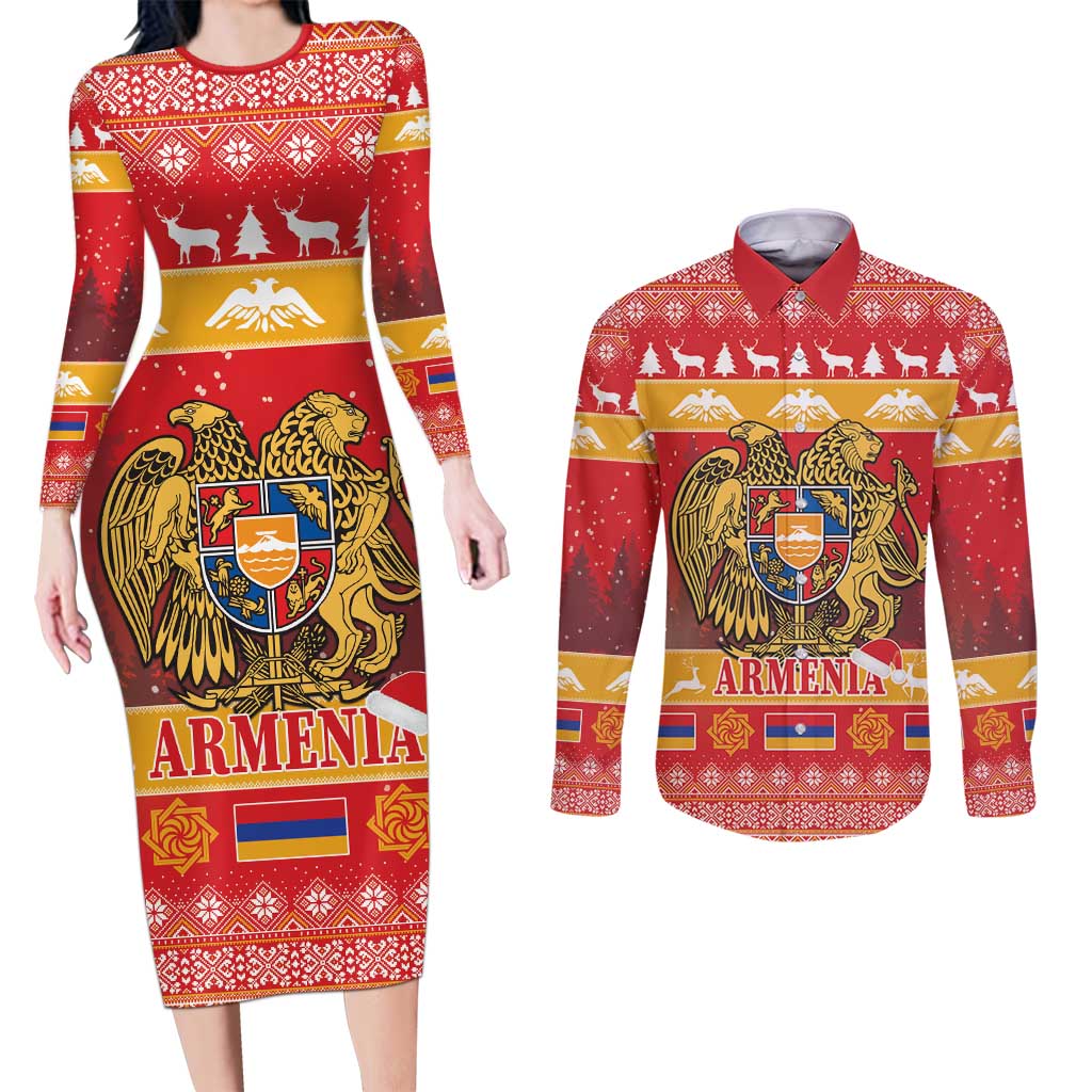 Armenia Christmas Couples Matching Long Sleeve Bodycon Dress and Long Sleeve Button Shirt Coat Of Arms With Arevakhach - Wonder Print Shop