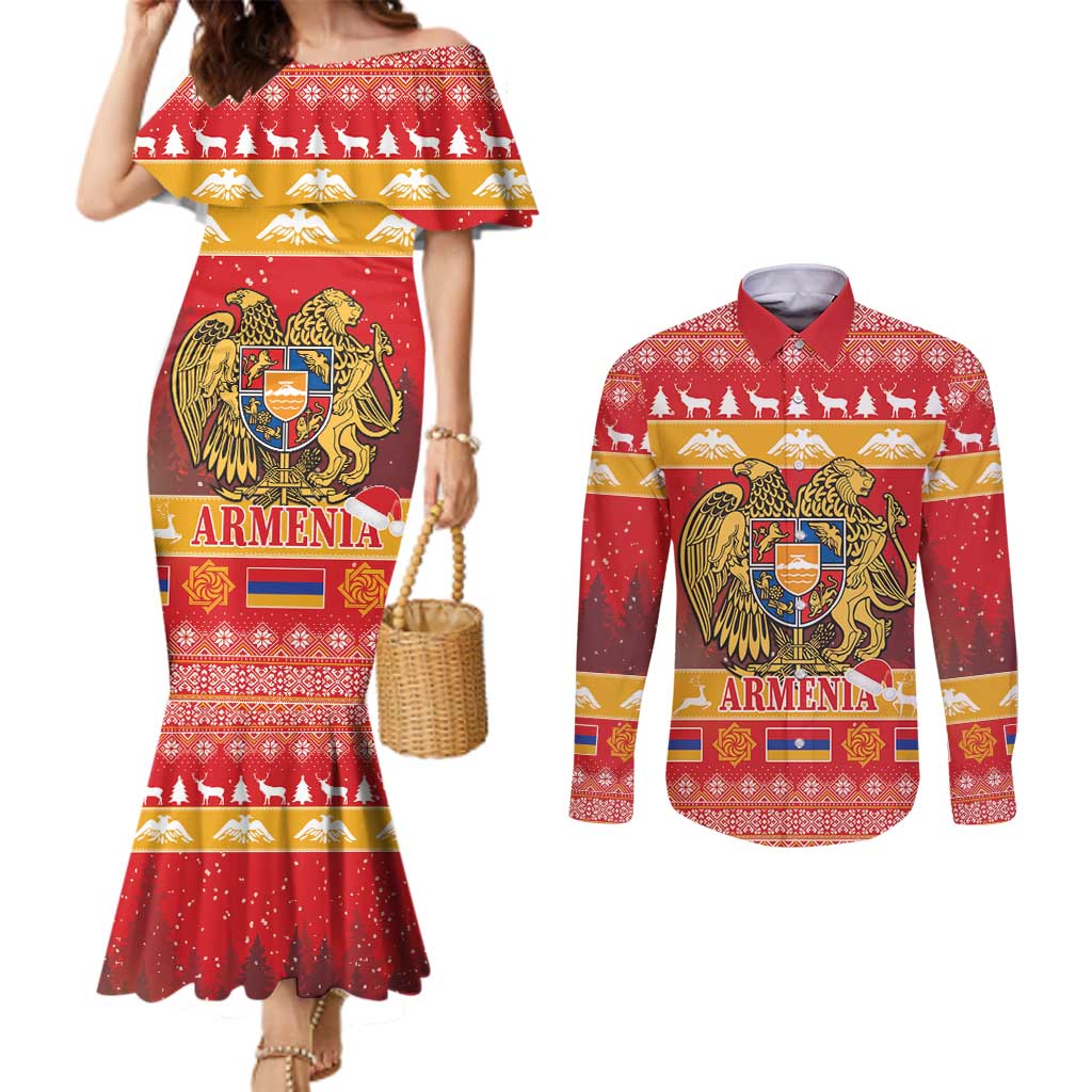 Armenia Christmas Couples Matching Mermaid Dress and Long Sleeve Button Shirt Coat Of Arms With Arevakhach