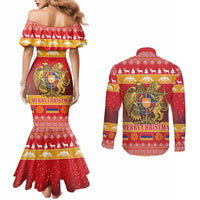 Armenia Christmas Couples Matching Mermaid Dress and Long Sleeve Button Shirt Coat Of Arms With Arevakhach