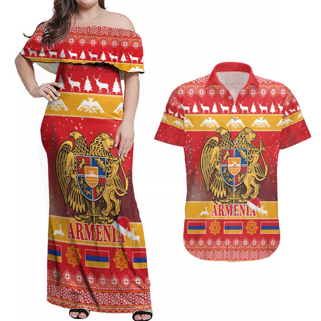 Armenia Christmas Couples Matching Off Shoulder Maxi Dress and Hawaiian Shirt Coat Of Arms With Arevakhach - Wonder Print Shop