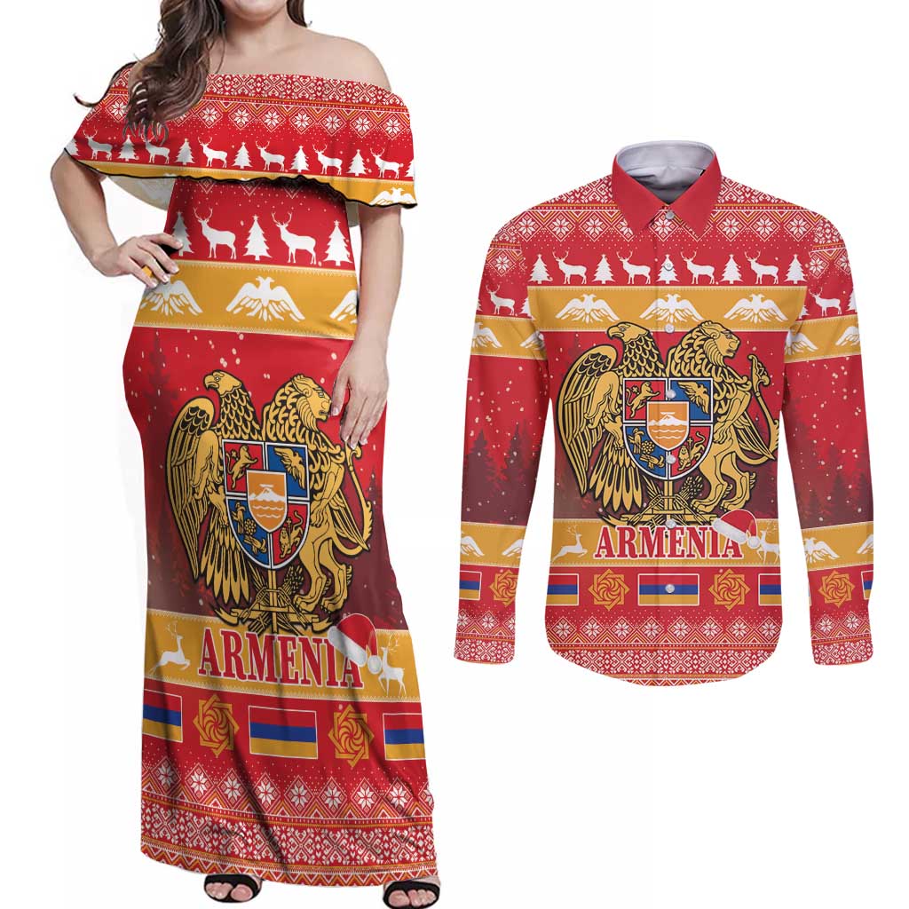 Armenia Christmas Couples Matching Off Shoulder Maxi Dress and Long Sleeve Button Shirt Coat Of Arms With Arevakhach - Wonder Print Shop