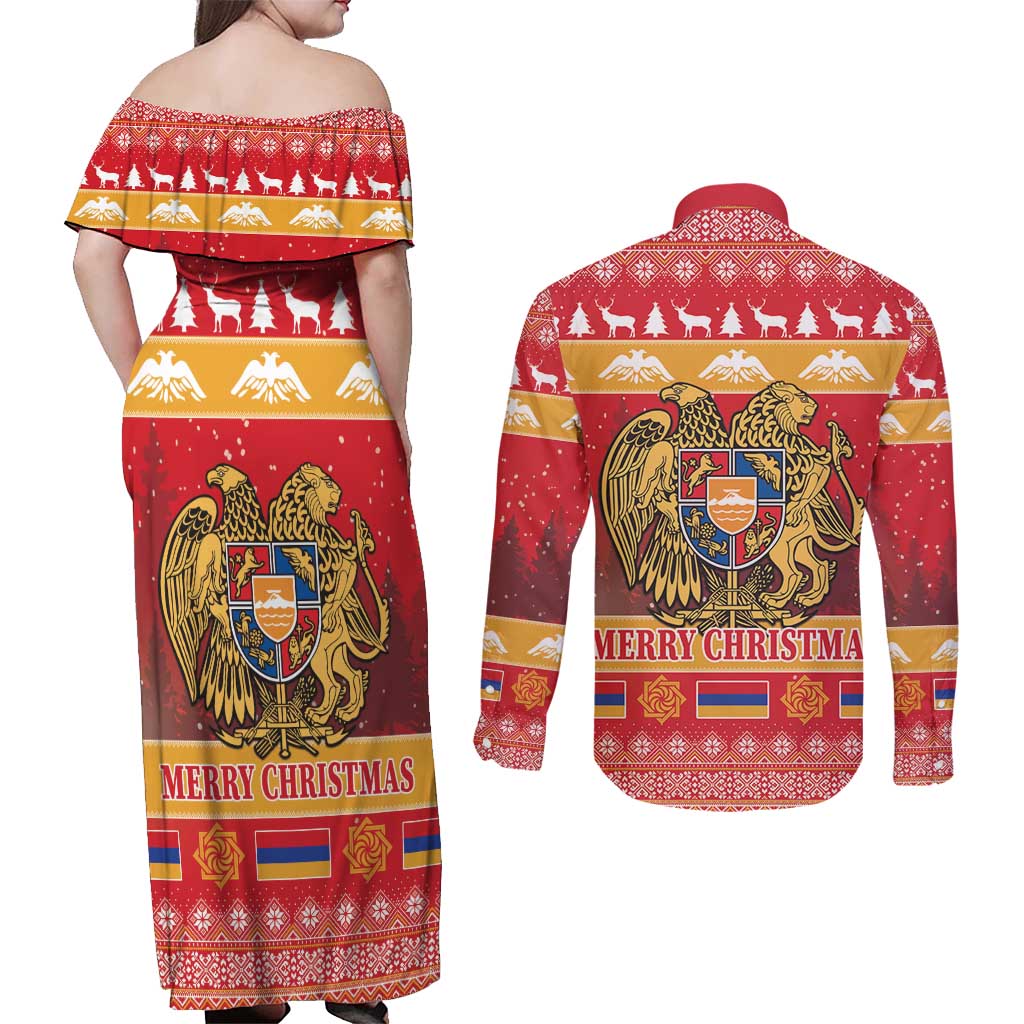 Armenia Christmas Couples Matching Off Shoulder Maxi Dress and Long Sleeve Button Shirt Coat Of Arms With Arevakhach - Wonder Print Shop