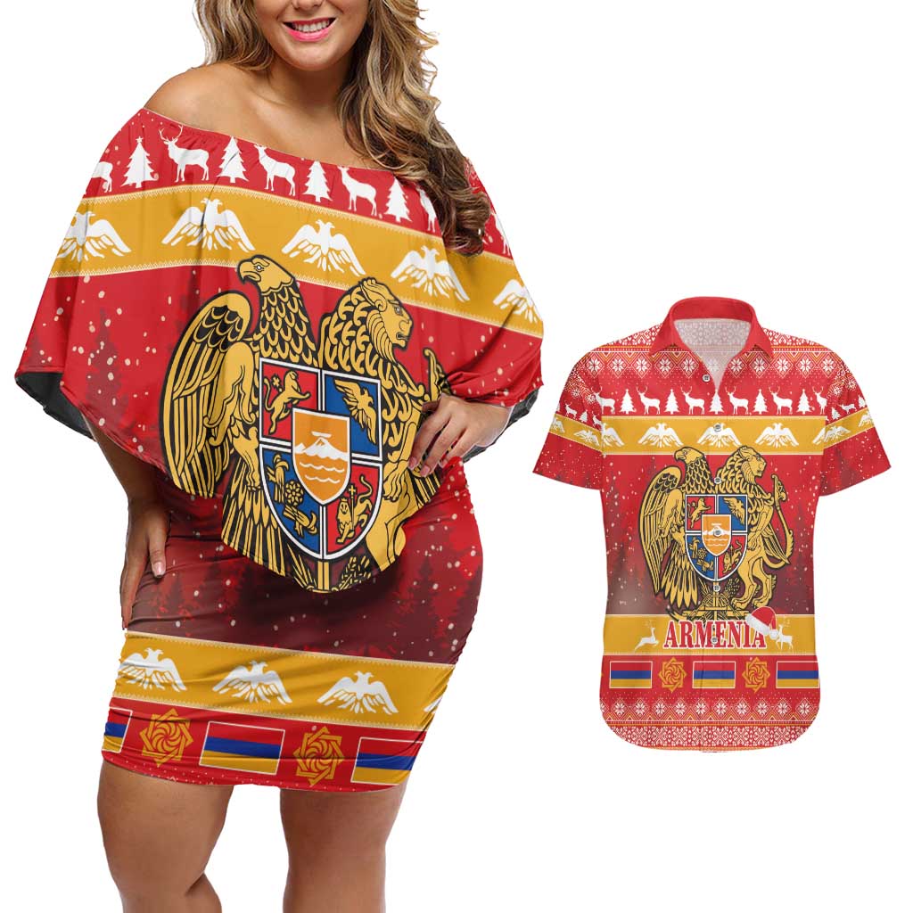 Armenia Christmas Couples Matching Off Shoulder Short Dress and Hawaiian Shirt Coat Of Arms With Arevakhach - Wonder Print Shop