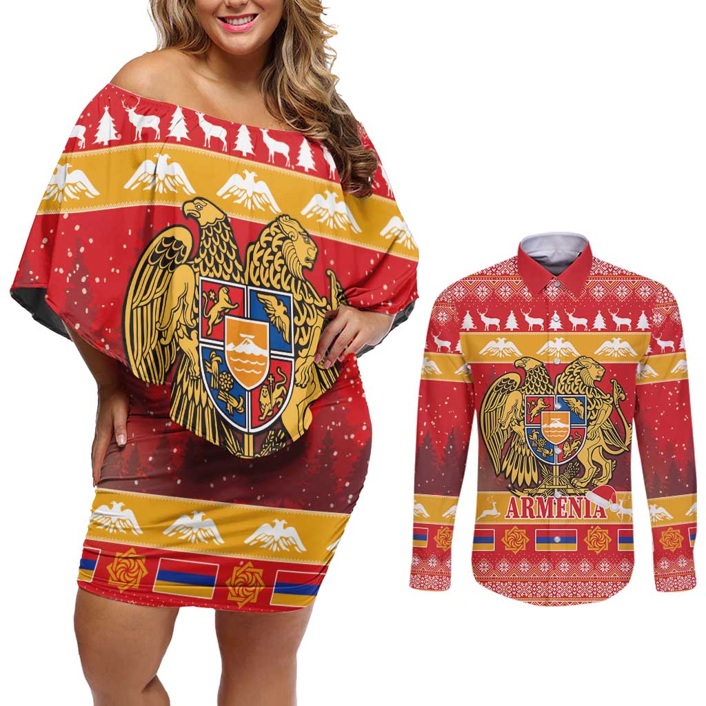 Armenia Christmas Couples Matching Off Shoulder Short Dress and Long Sleeve Button Shirt Coat Of Arms With Arevakhach - Wonder Print Shop