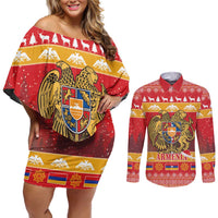 Armenia Christmas Couples Matching Off Shoulder Short Dress and Long Sleeve Button Shirt Coat Of Arms With Arevakhach - Wonder Print Shop