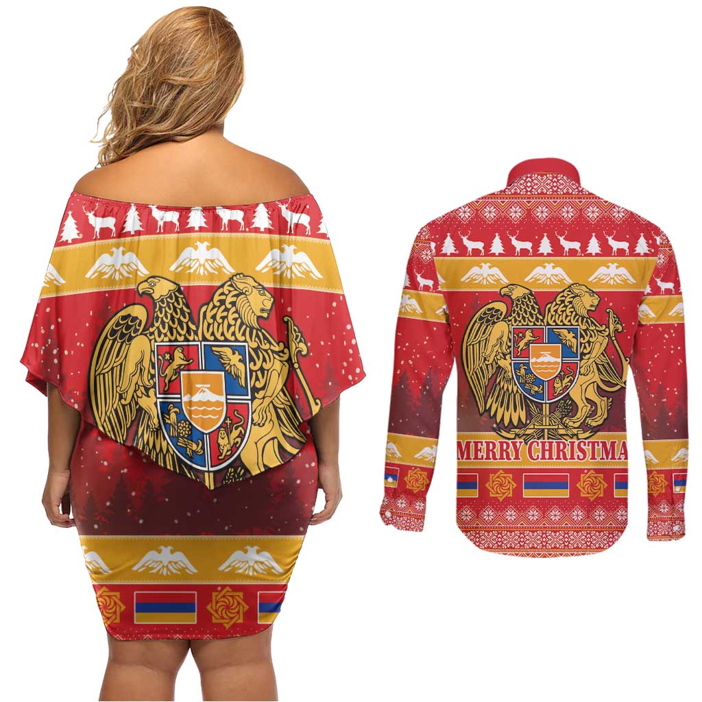 Armenia Christmas Couples Matching Off Shoulder Short Dress and Long Sleeve Button Shirt Coat Of Arms With Arevakhach - Wonder Print Shop