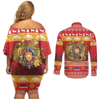 Armenia Christmas Couples Matching Off Shoulder Short Dress and Long Sleeve Button Shirt Coat Of Arms With Arevakhach - Wonder Print Shop