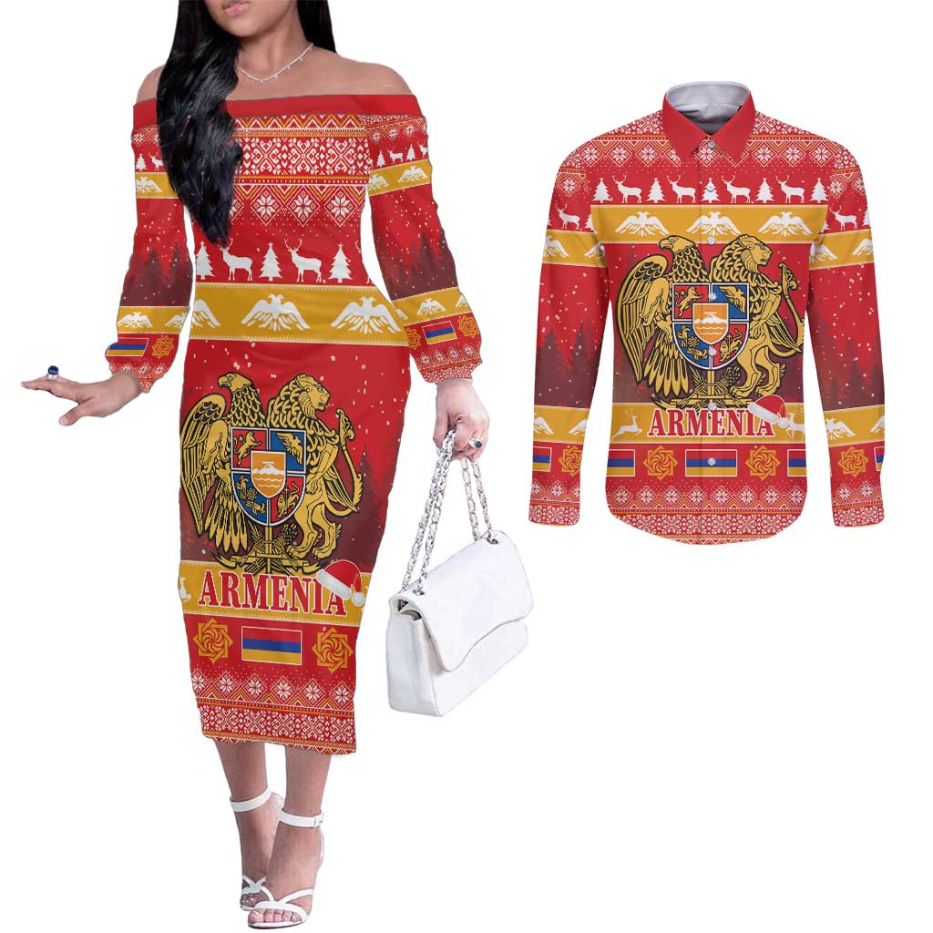 Armenia Christmas Couples Matching Off The Shoulder Long Sleeve Dress and Long Sleeve Button Shirt Coat Of Arms With Arevakhach