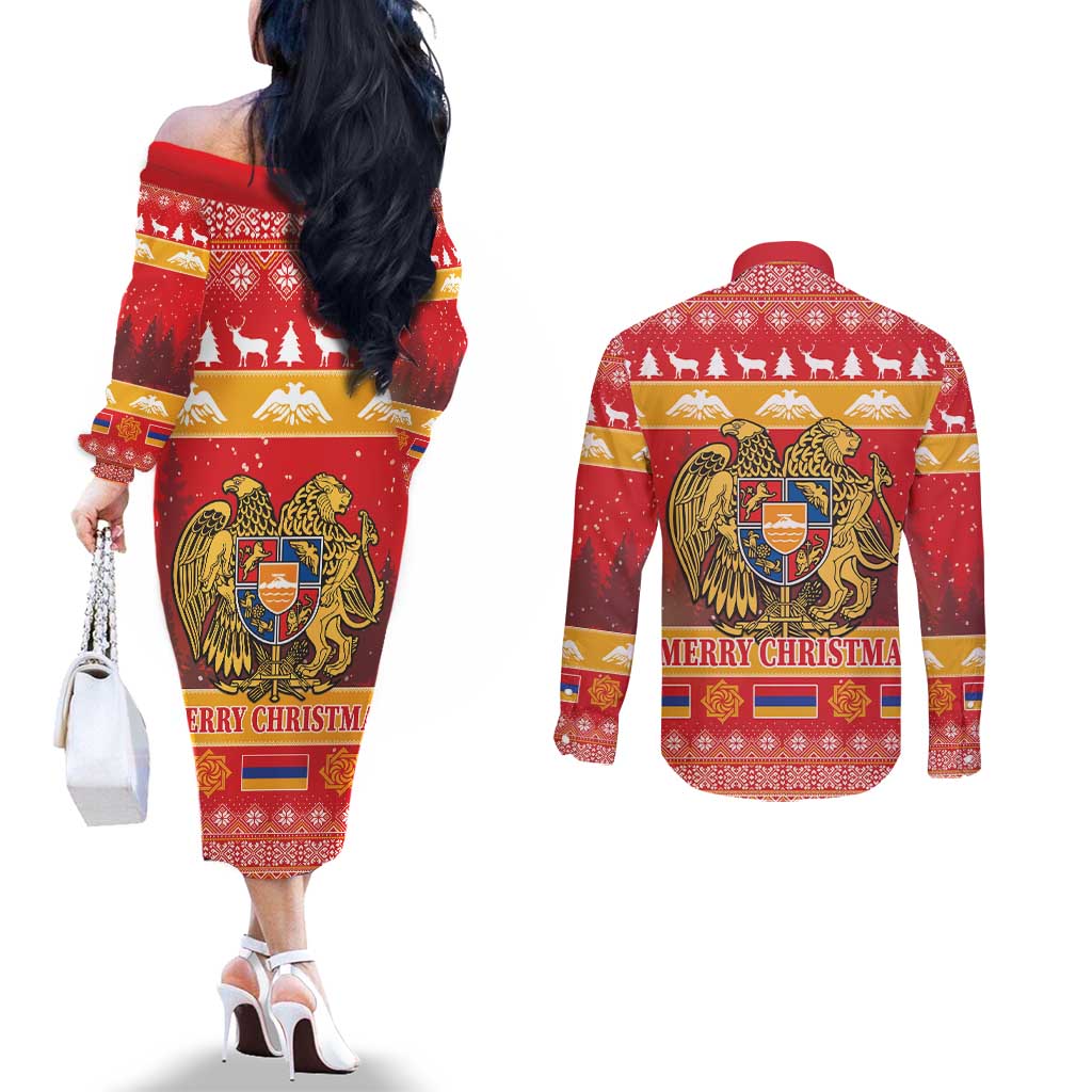 Armenia Christmas Couples Matching Off The Shoulder Long Sleeve Dress and Long Sleeve Button Shirt Coat Of Arms With Arevakhach