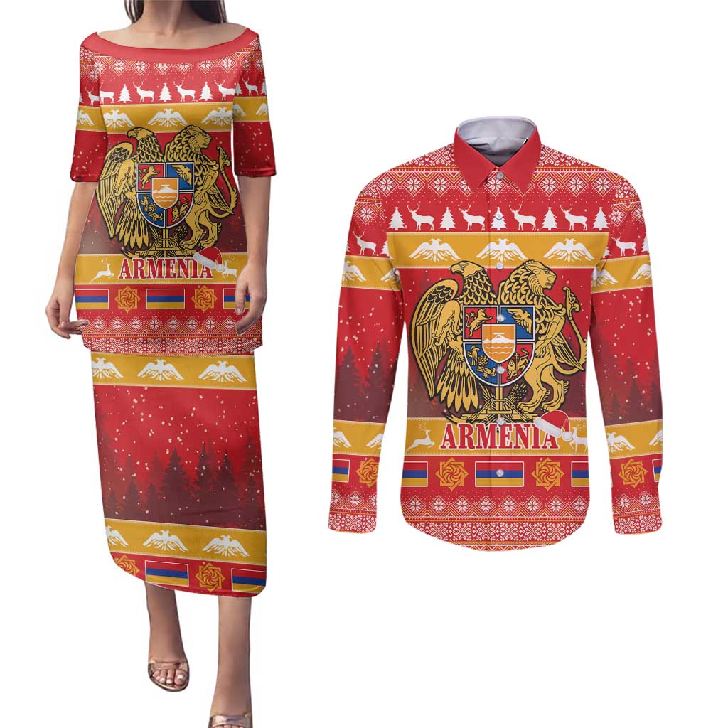 Armenia Christmas Couples Matching Puletasi and Long Sleeve Button Shirt Coat Of Arms With Arevakhach - Wonder Print Shop