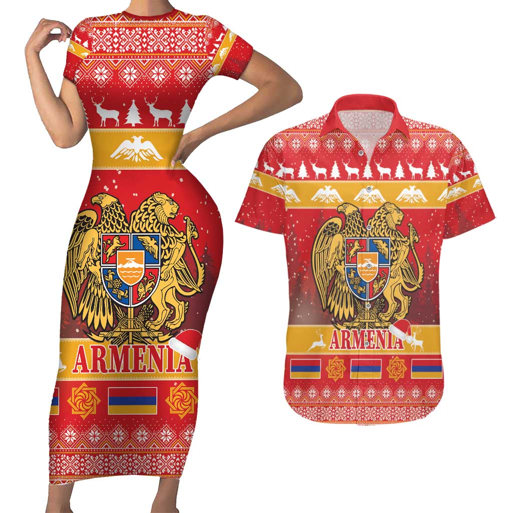 Armenia Christmas Couples Matching Short Sleeve Bodycon Dress and Hawaiian Shirt Coat Of Arms With Arevakhach - Wonder Print Shop