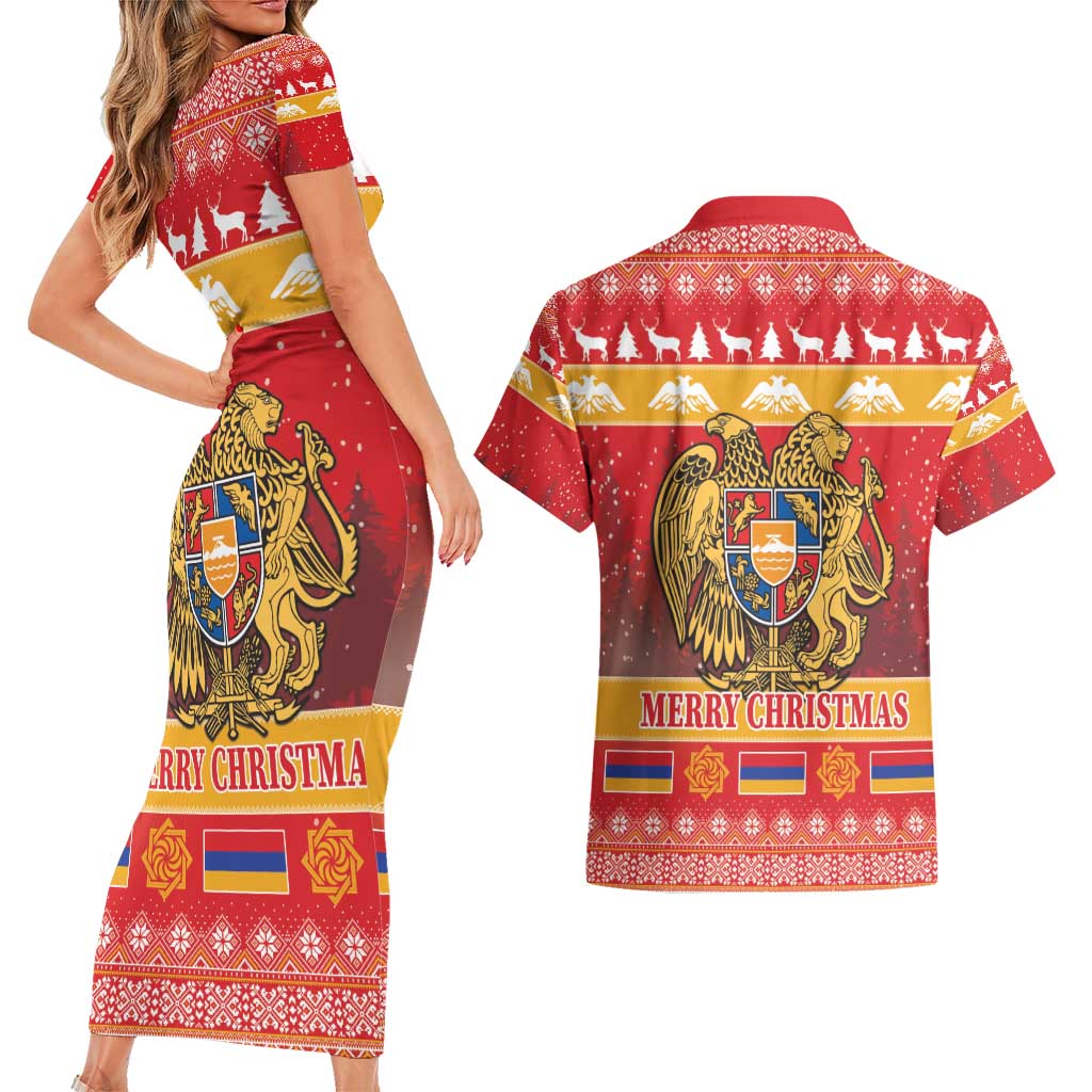 Armenia Christmas Couples Matching Short Sleeve Bodycon Dress and Hawaiian Shirt Coat Of Arms With Arevakhach - Wonder Print Shop
