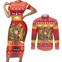 Armenia Christmas Couples Matching Short Sleeve Bodycon Dress and Long Sleeve Button Shirt Coat Of Arms With Arevakhach - Wonder Print Shop