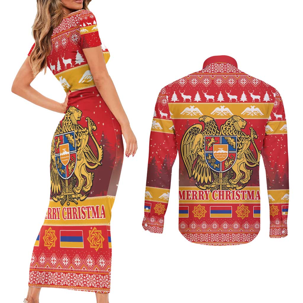 Armenia Christmas Couples Matching Short Sleeve Bodycon Dress and Long Sleeve Button Shirt Coat Of Arms With Arevakhach - Wonder Print Shop