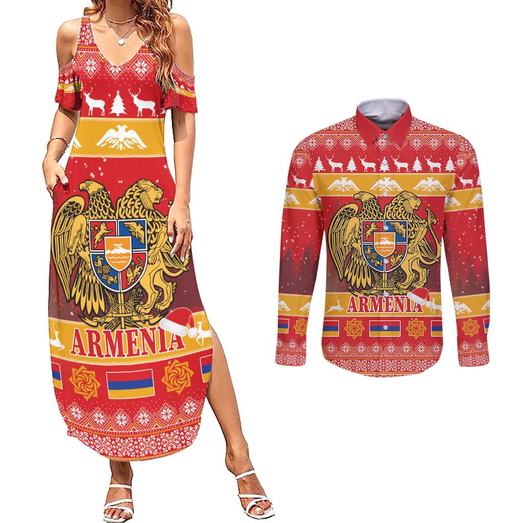 Armenia Christmas Couples Matching Summer Maxi Dress and Long Sleeve Button Shirt Coat Of Arms With Arevakhach - Wonder Print Shop