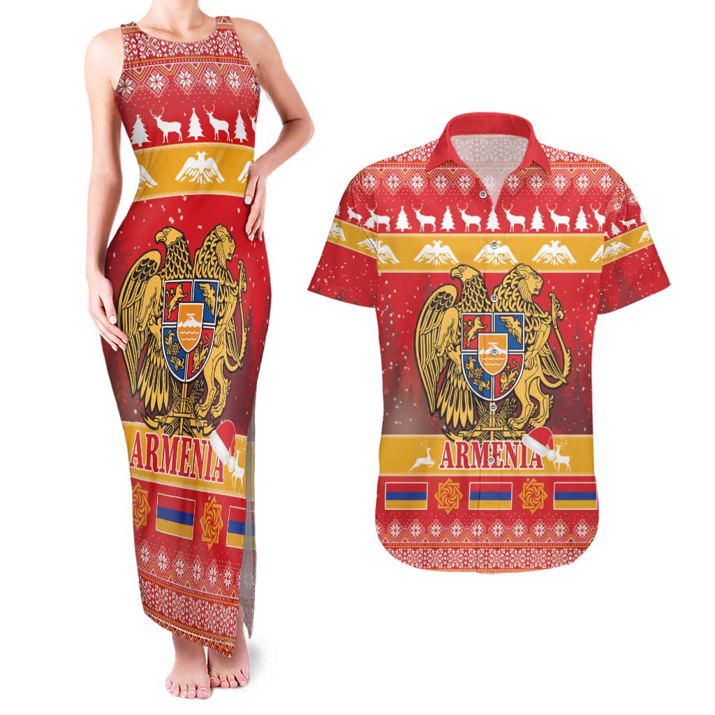 Armenia Christmas Couples Matching Tank Maxi Dress and Hawaiian Shirt Coat Of Arms With Arevakhach - Wonder Print Shop