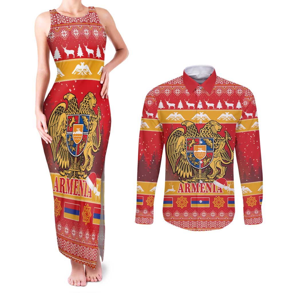 Armenia Christmas Couples Matching Tank Maxi Dress and Long Sleeve Button Shirt Coat Of Arms With Arevakhach - Wonder Print Shop