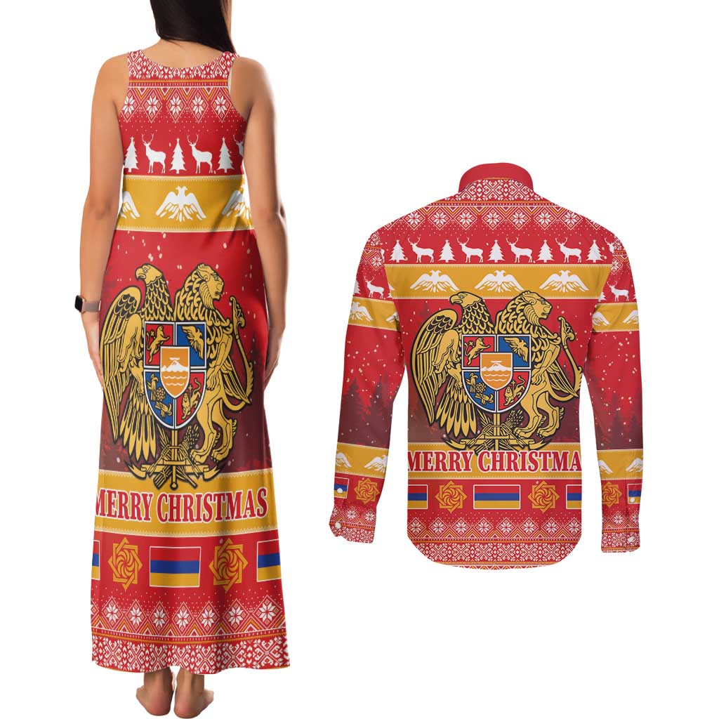 Armenia Christmas Couples Matching Tank Maxi Dress and Long Sleeve Button Shirt Coat Of Arms With Arevakhach - Wonder Print Shop