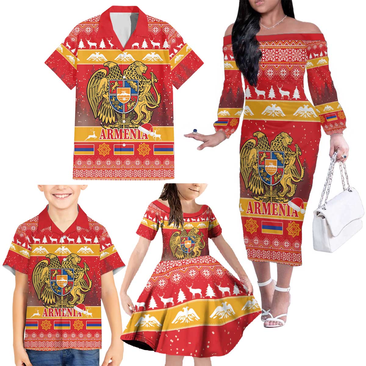 Armenia Christmas Family Matching Off The Shoulder Long Sleeve Dress and Hawaiian Shirt Coat Of Arms With Arevakhach - Wonder Print Shop