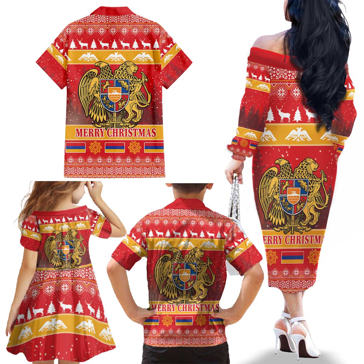 Armenia Christmas Family Matching Off The Shoulder Long Sleeve Dress and Hawaiian Shirt Coat Of Arms With Arevakhach - Wonder Print Shop
