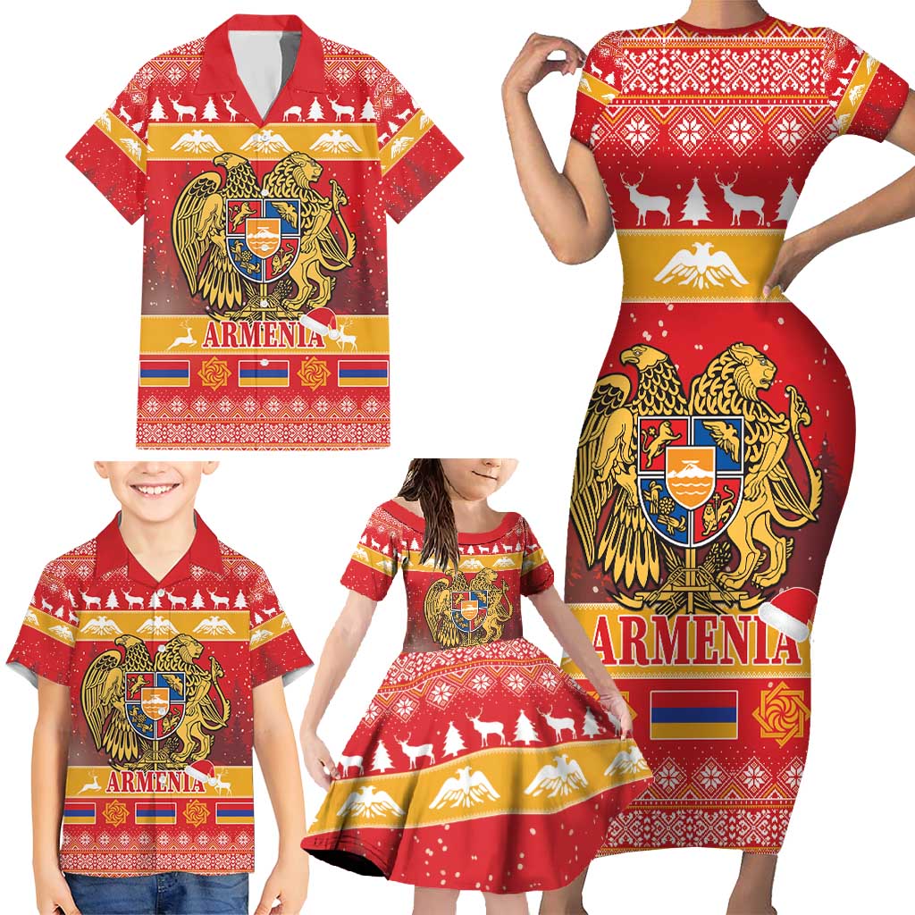 Armenia Christmas Family Matching Short Sleeve Bodycon Dress and Hawaiian Shirt Coat Of Arms With Arevakhach - Wonder Print Shop