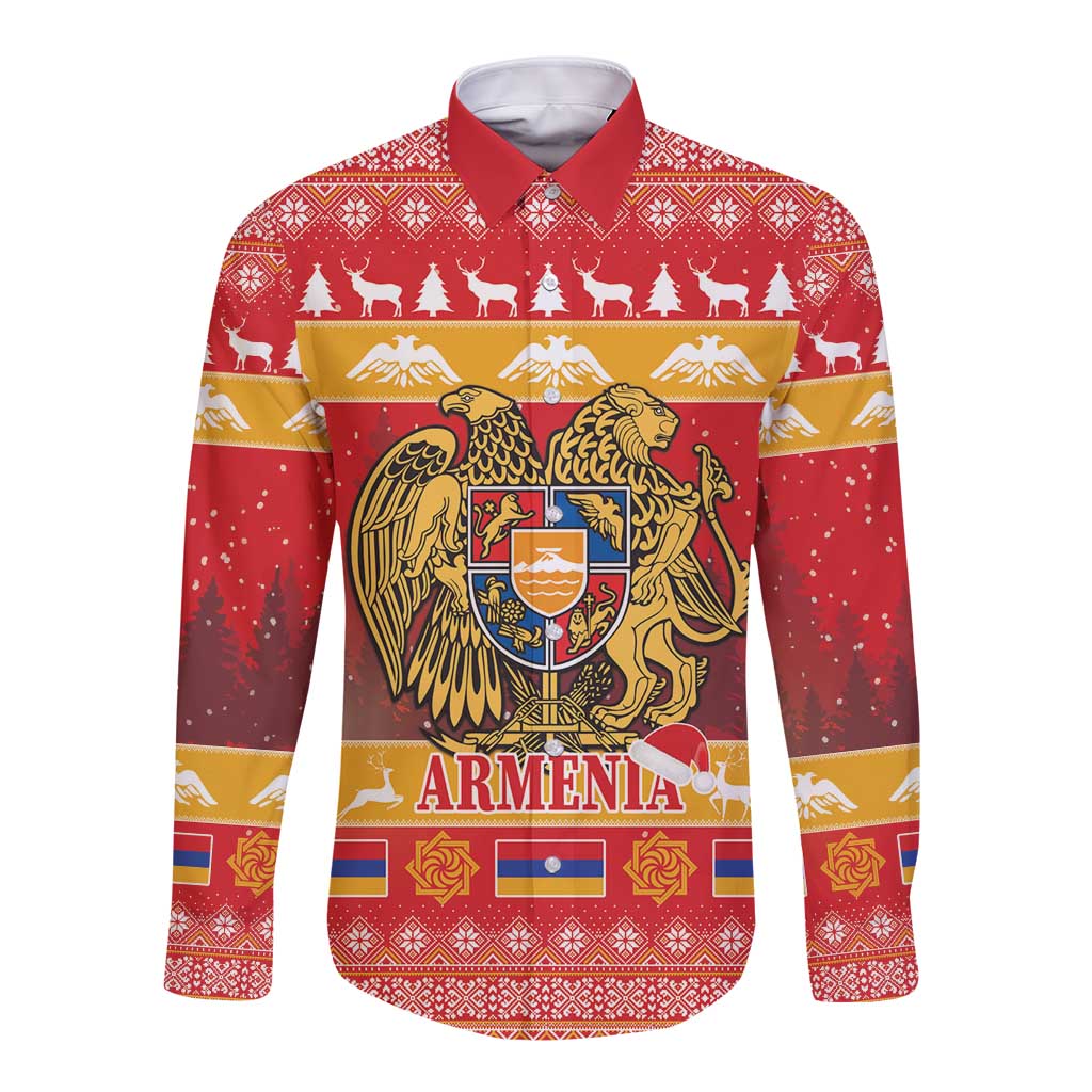 Armenia Christmas Long Sleeve Button Shirt Coat Of Arms With Arevakhach - Wonder Print Shop