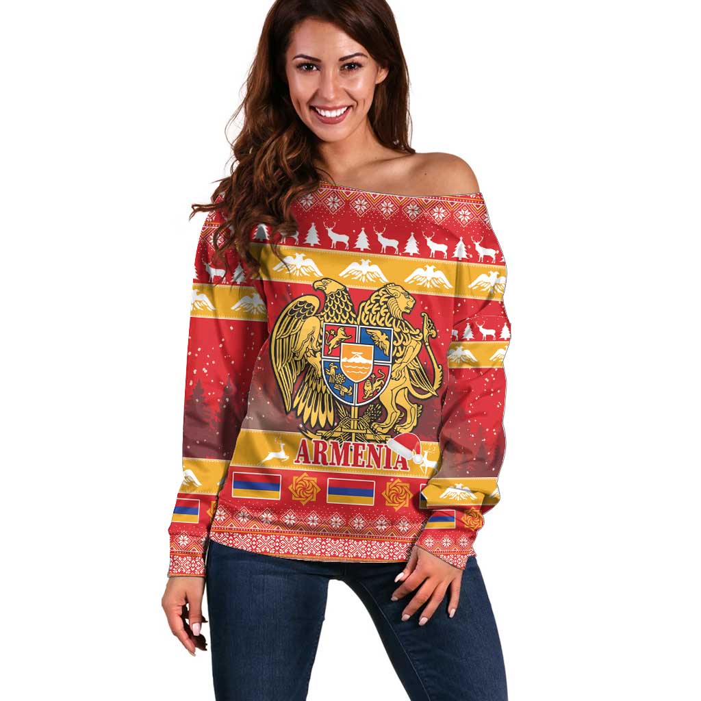 Armenia Christmas Off Shoulder Sweater Coat Of Arms With Arevakhach - Wonder Print Shop
