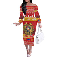 Armenia Christmas Off The Shoulder Long Sleeve Dress Coat Of Arms With Arevakhach - Wonder Print Shop