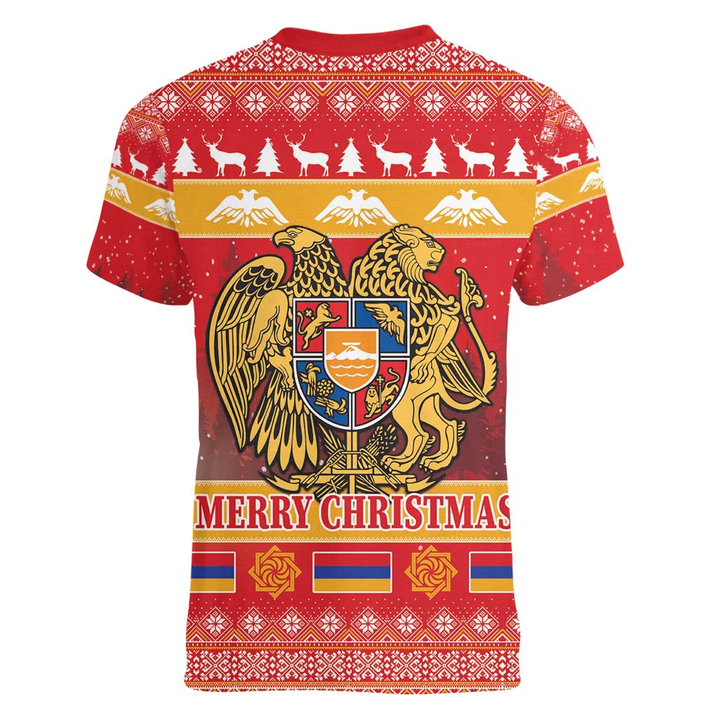 Armenia Christmas Women V-Neck T-Shirt Coat Of Arms With Arevakhach - Wonder Print Shop