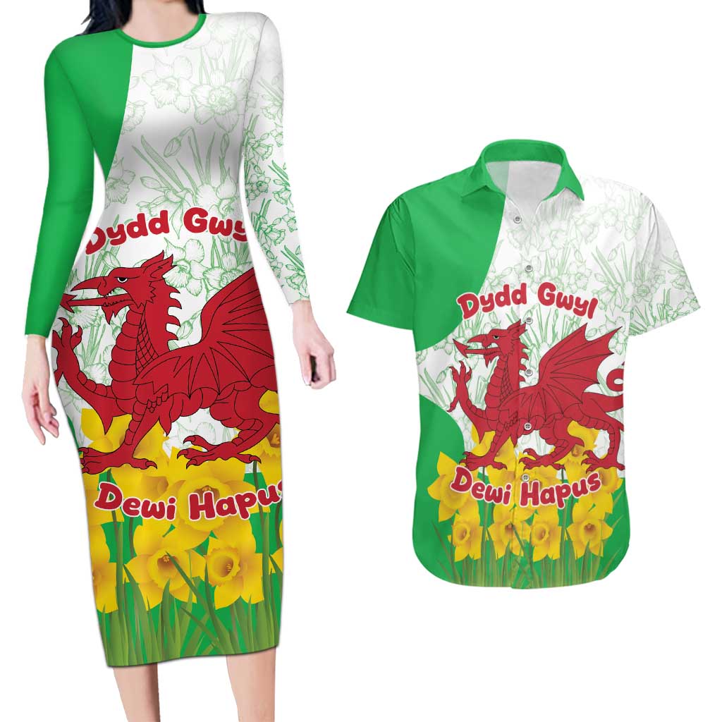 Saint David’s Day Welsh Dragon Couples Matching Long Sleeve Bodycon Dress and Hawaiian Shirt Dydd Gwyl Dewi Hapus - Wonder Print Shop