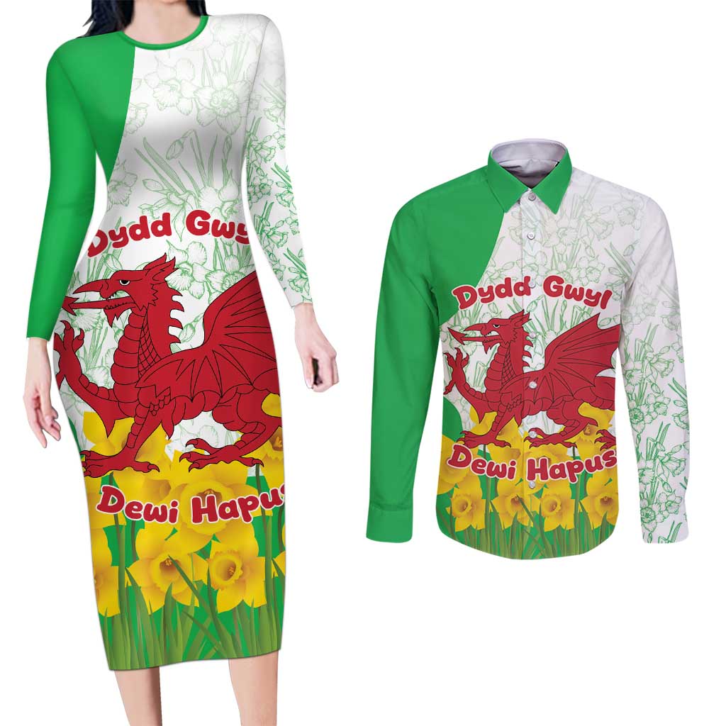 Saint David’s Day Welsh Dragon Couples Matching Long Sleeve Bodycon Dress and Long Sleeve Button Shirt Dydd Gwyl Dewi Hapus - Wonder Print Shop