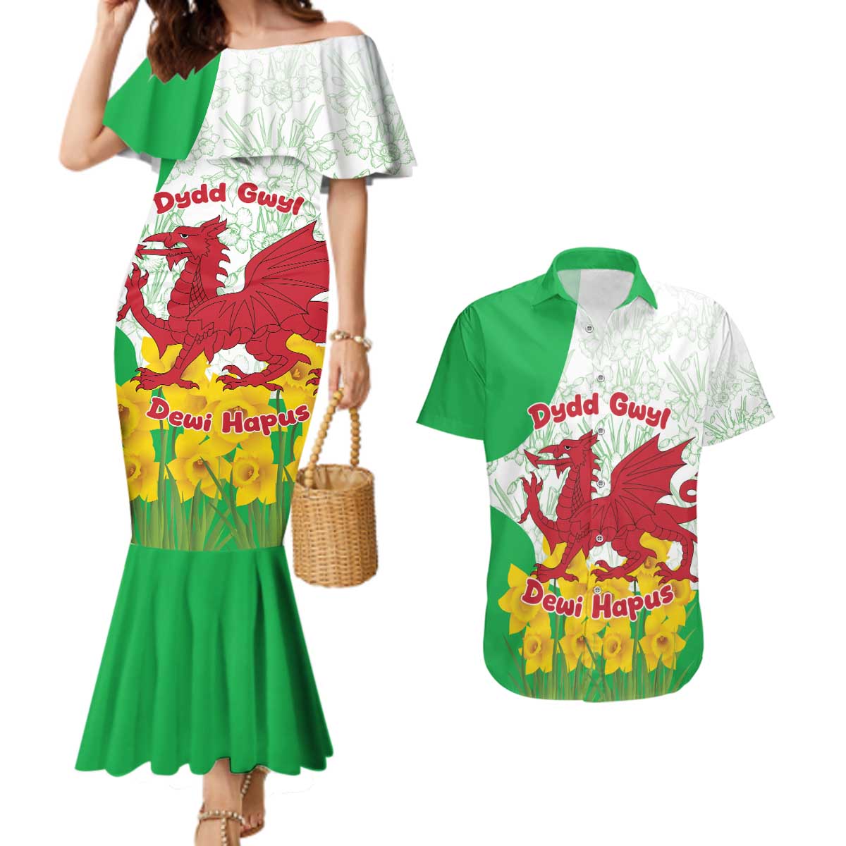 Saint David’s Day Welsh Dragon Couples Matching Mermaid Dress and Hawaiian Shirt Dydd Gwyl Dewi Hapus - Wonder Print Shop