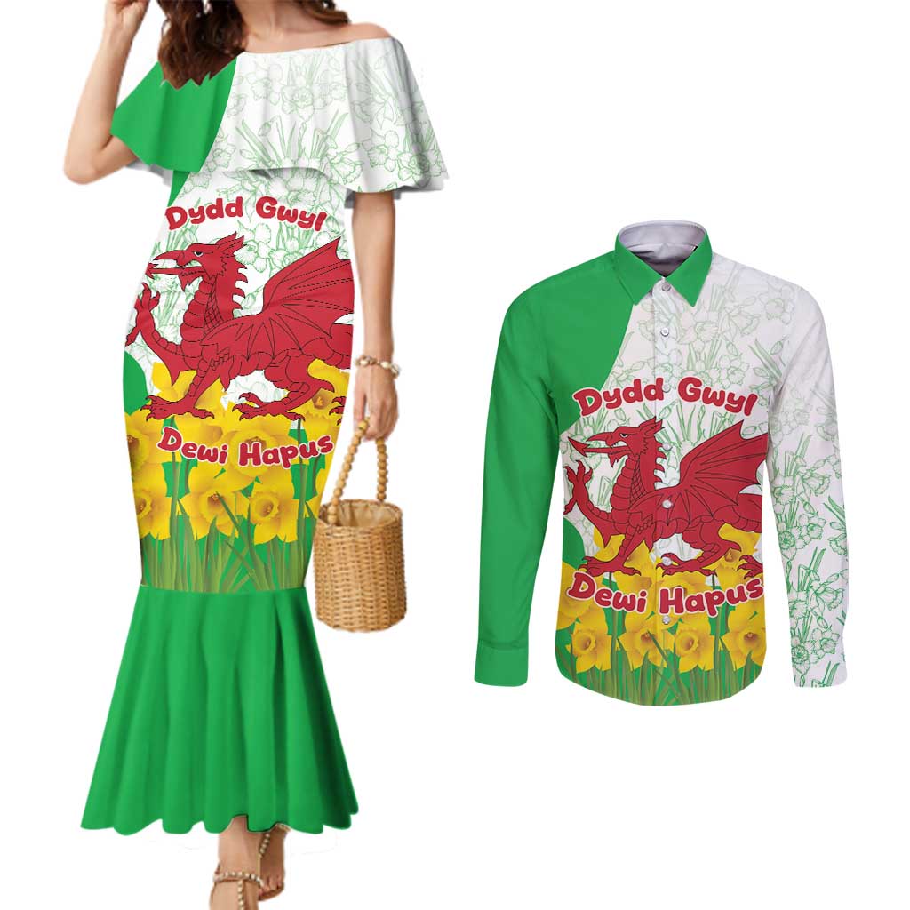 Saint David’s Day Welsh Dragon Couples Matching Mermaid Dress and Long Sleeve Button Shirt Dydd Gwyl Dewi Hapus - Wonder Print Shop