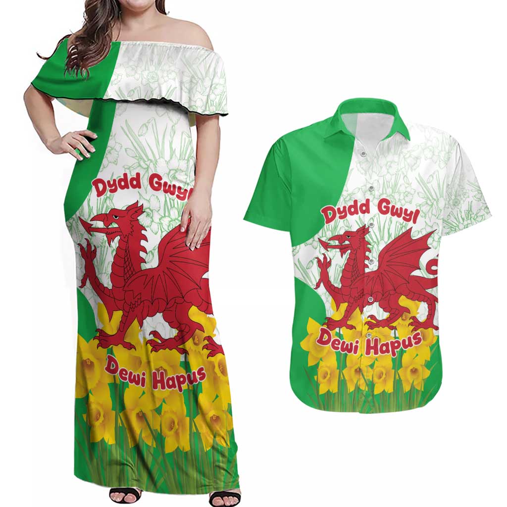 Saint David’s Day Welsh Dragon Couples Matching Off Shoulder Maxi Dress and Hawaiian Shirt Dydd Gwyl Dewi Hapus - Wonder Print Shop