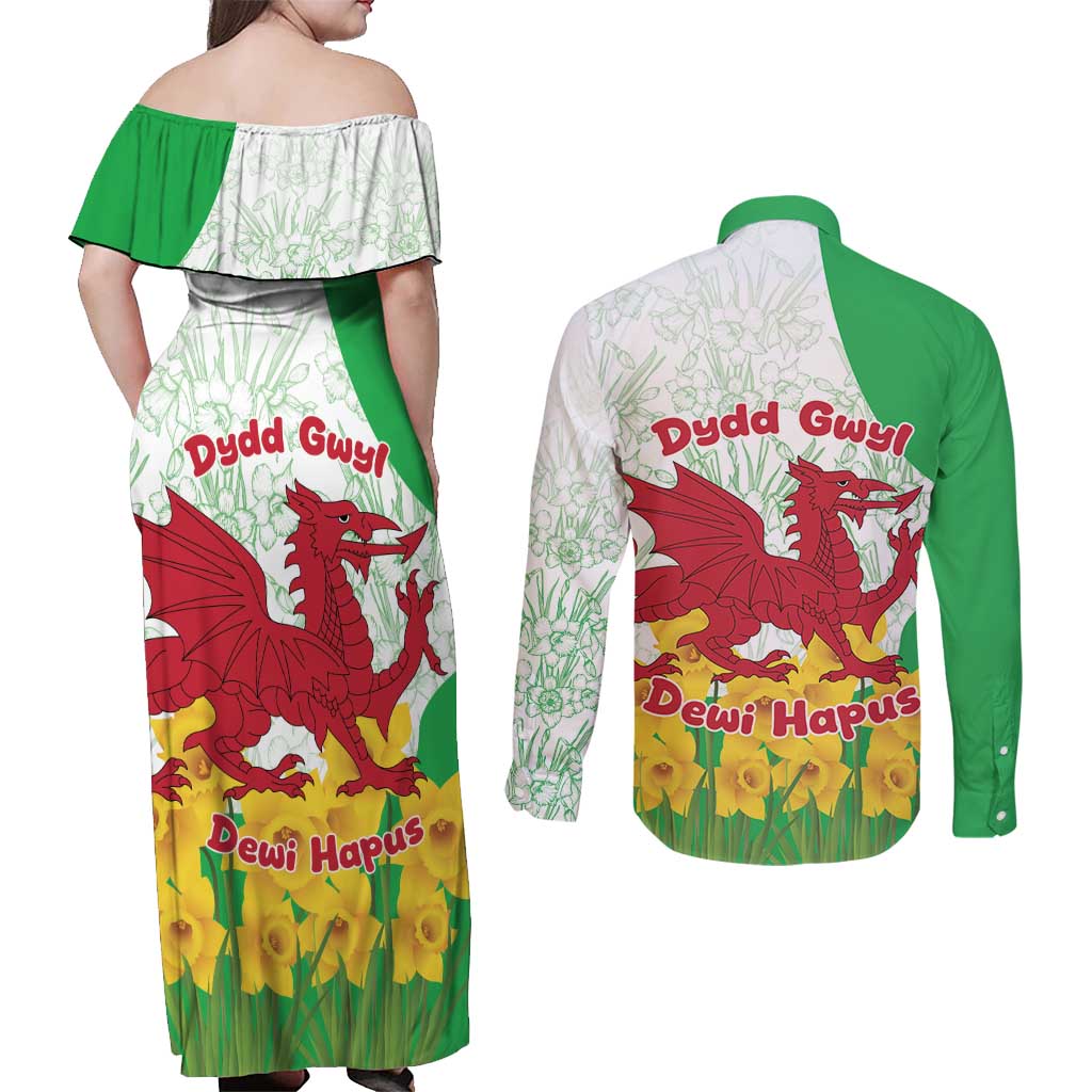 Saint David’s Day Welsh Dragon Couples Matching Off Shoulder Maxi Dress and Long Sleeve Button Shirt Dydd Gwyl Dewi Hapus - Wonder Print Shop