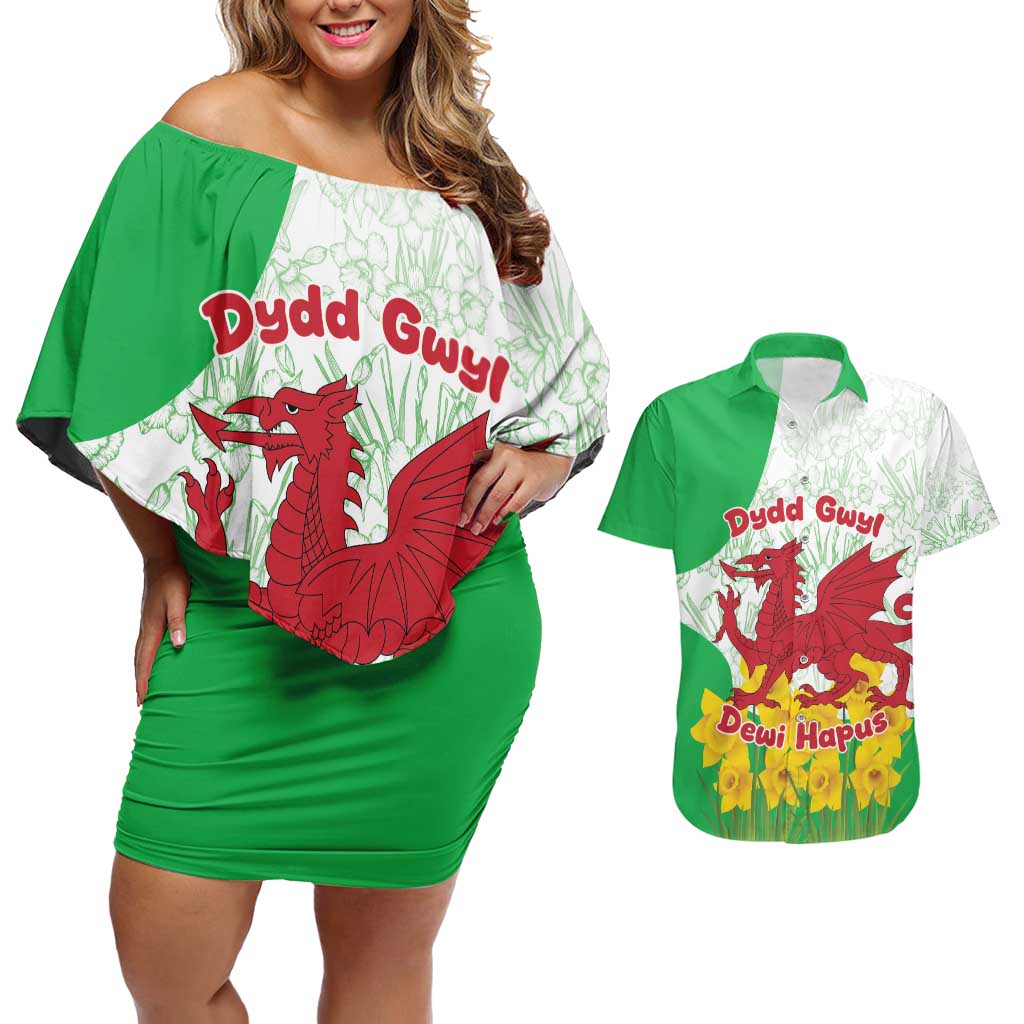 Saint David’s Day Welsh Dragon Couples Matching Off Shoulder Short Dress and Hawaiian Shirt Dydd Gwyl Dewi Hapus - Wonder Print Shop