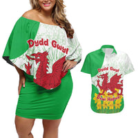 Saint David’s Day Welsh Dragon Couples Matching Off Shoulder Short Dress and Hawaiian Shirt Dydd Gwyl Dewi Hapus - Wonder Print Shop