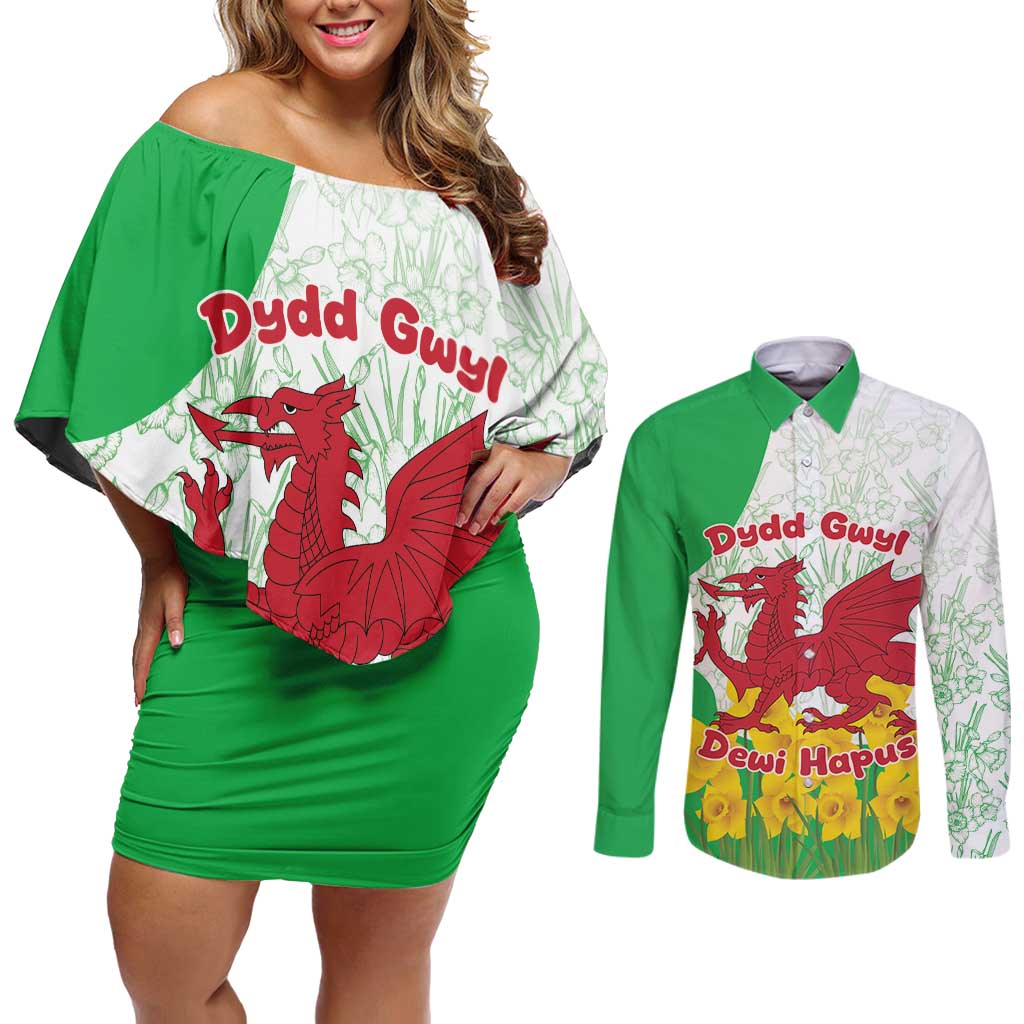 Saint David’s Day Welsh Dragon Couples Matching Off Shoulder Short Dress and Long Sleeve Button Shirt Dydd Gwyl Dewi Hapus - Wonder Print Shop