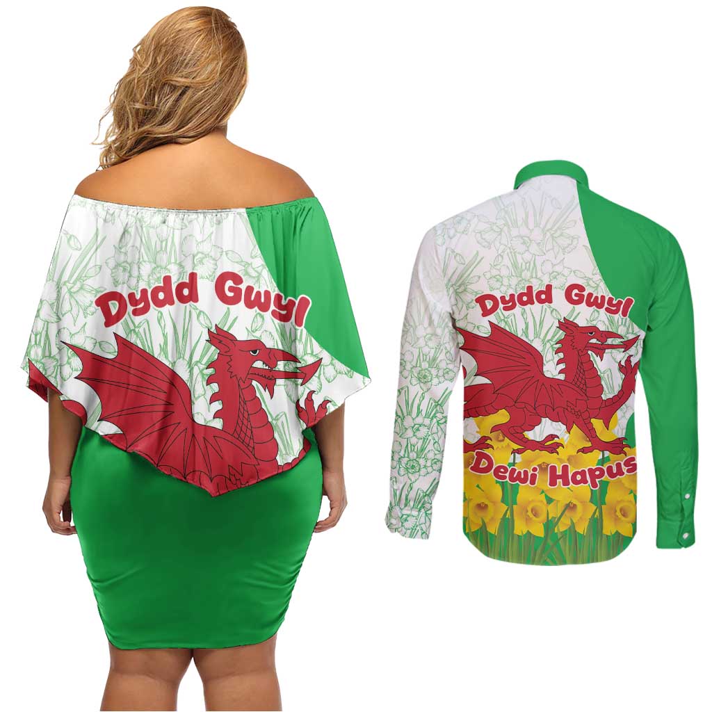 Saint David’s Day Welsh Dragon Couples Matching Off Shoulder Short Dress and Long Sleeve Button Shirt Dydd Gwyl Dewi Hapus - Wonder Print Shop