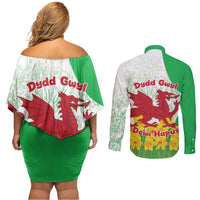 Saint David’s Day Welsh Dragon Couples Matching Off Shoulder Short Dress and Long Sleeve Button Shirt Dydd Gwyl Dewi Hapus - Wonder Print Shop