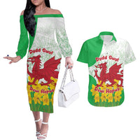 Saint David’s Day Welsh Dragon Couples Matching Off The Shoulder Long Sleeve Dress and Hawaiian Shirt Dydd Gwyl Dewi Hapus - Wonder Print Shop