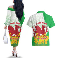 Saint David’s Day Welsh Dragon Couples Matching Off The Shoulder Long Sleeve Dress and Hawaiian Shirt Dydd Gwyl Dewi Hapus - Wonder Print Shop