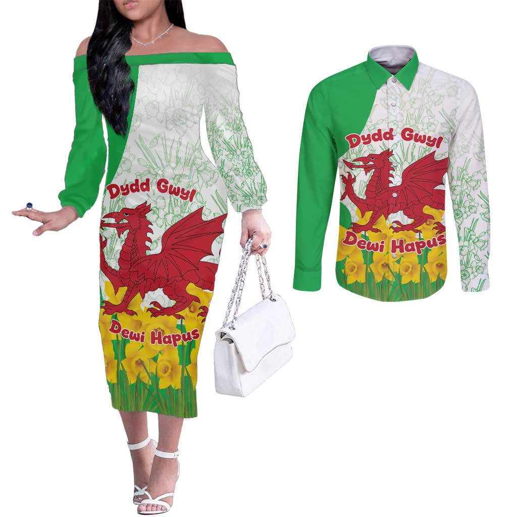 Saint David’s Day Welsh Dragon Couples Matching Off The Shoulder Long Sleeve Dress and Long Sleeve Button Shirt Dydd Gwyl Dewi Hapus - Wonder Print Shop