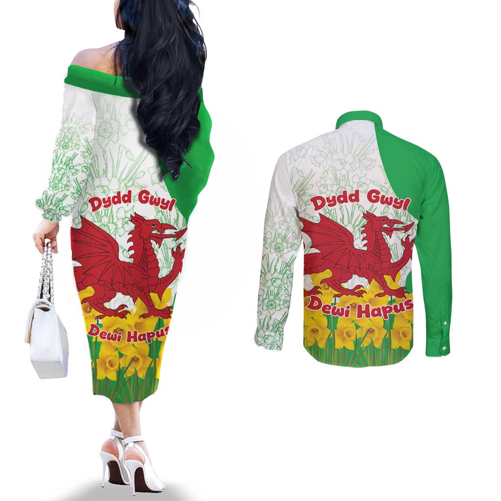 Saint David’s Day Welsh Dragon Couples Matching Off The Shoulder Long Sleeve Dress and Long Sleeve Button Shirt Dydd Gwyl Dewi Hapus - Wonder Print Shop