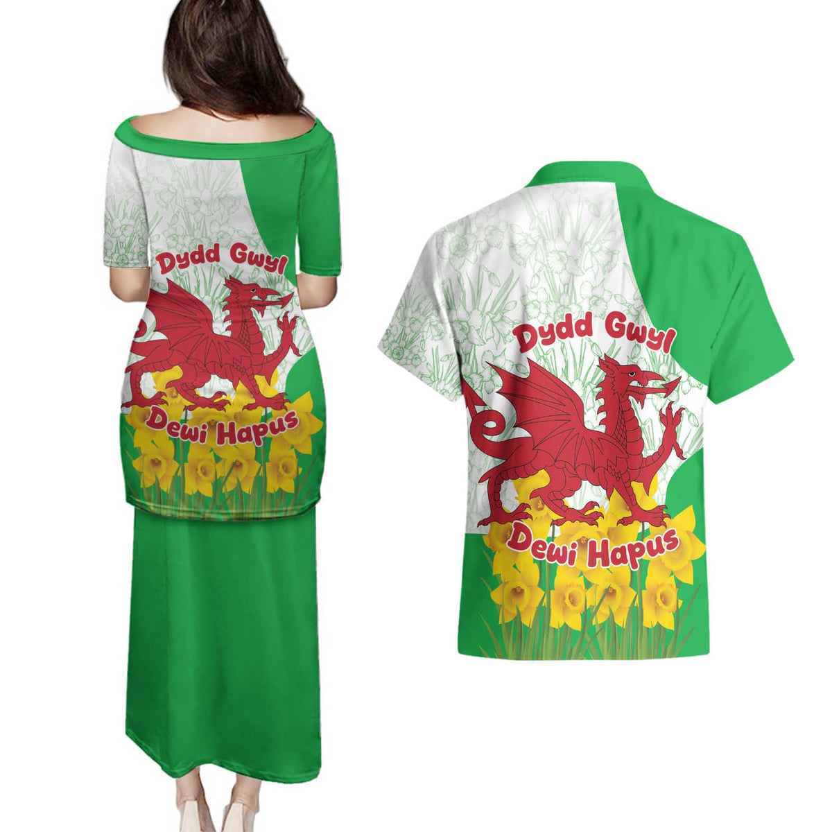Saint David’s Day Welsh Dragon Couples Matching Puletasi and Hawaiian Shirt Dydd Gwyl Dewi Hapus - Wonder Print Shop
